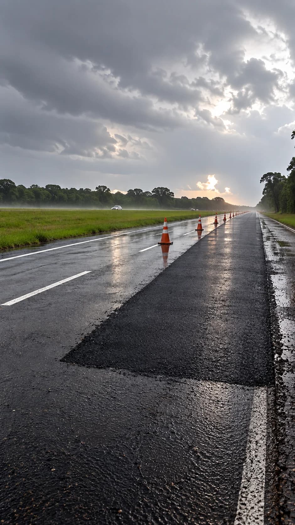 Pista molhada durante a chuva, sem equipe nem máquinas na frente de trabalho