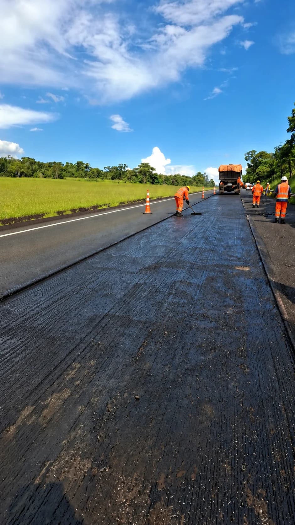 Equipe trabalhando na frente de pavimentação sob céu aberto